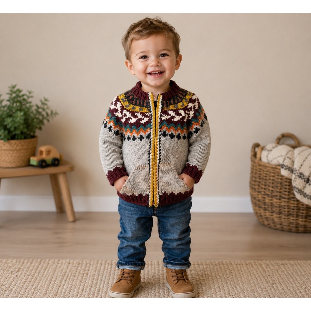 Sisandina Kids 100% Wool Fair Isle Zip Up Sweater Ecuador Boho Oatmeal 2T 3T